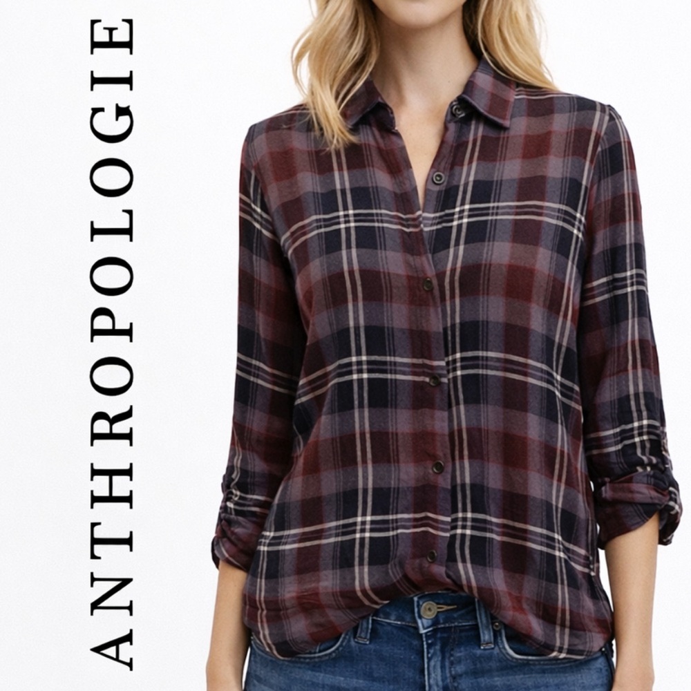 Cloth & Stone Black Red Checkered Button Down Top Size medium
